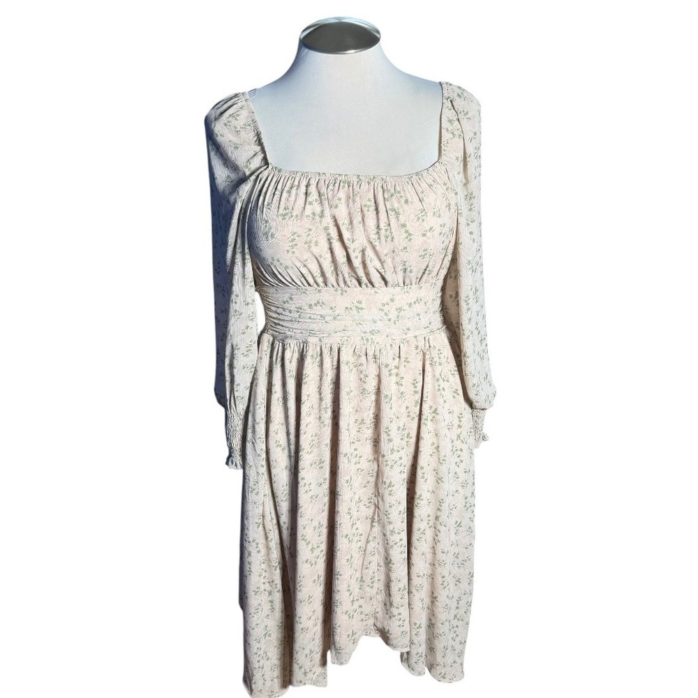Exlura Floral Long Sleeve Smocked Dress Cream Green Cottagecore Tie Back Large
